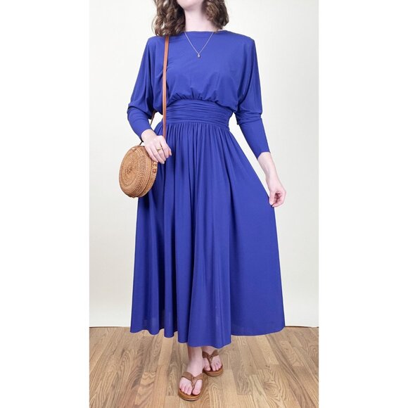 Vintage Draped Pleated Open Back Midi Dress Long Sleeve Wedding Guest 80s 90s - Picture 8 of 8